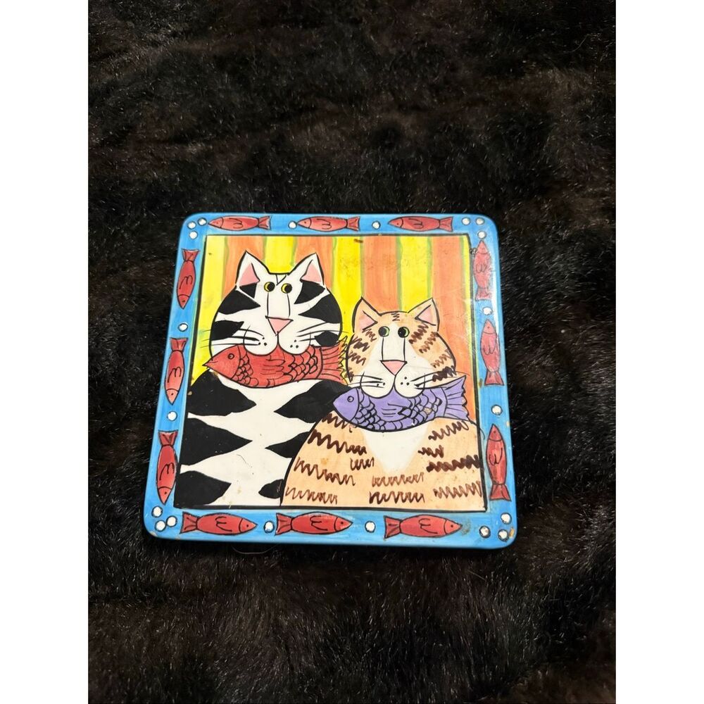 Catzilla Candace Reiter Handpainted Art Deco Ceramic Tile Trivet Kitty Cats